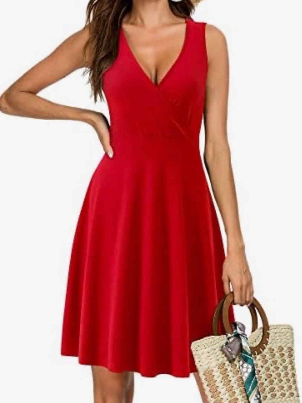 Sleeveless Red Faux Wrap A-Line Dress | High Stretch Retro Mod Fit & Flare L